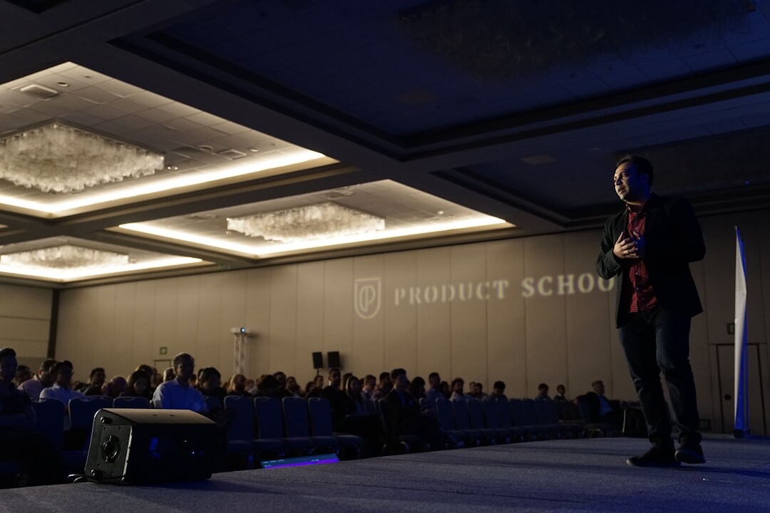 confident speaker on stage